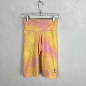 Adidas Women’s Biker Shorts, Size S, Pink/ Yellow, Biker, High‎ Rise, Recycled